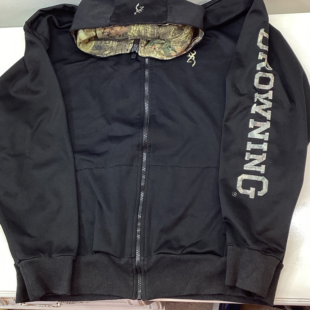 Browning Black Full Zipper Hoodie with Camo Hood